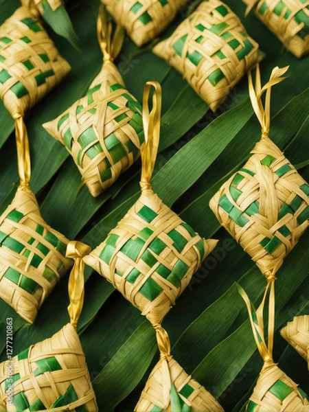 Fototapeta A close-up of beautifully woven ketupat, traditional Indonesian rice cakes wrapped in intricate palm leaves. The golden-yellow and green hues create a festive and cultural aesthetic.