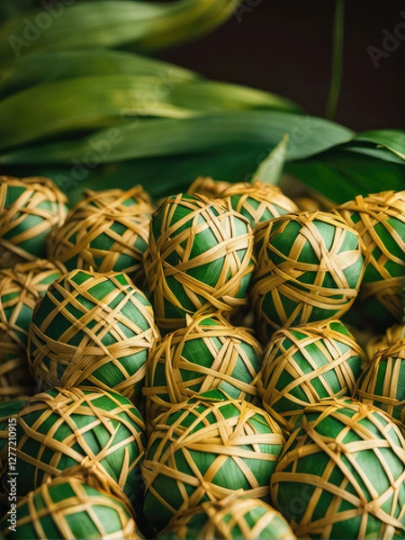 Fototapeta A close-up of beautifully woven ketupat, traditional Indonesian rice cakes wrapped in intricate palm leaves. The golden-yellow and green hues create a festive and cultural aesthetic.