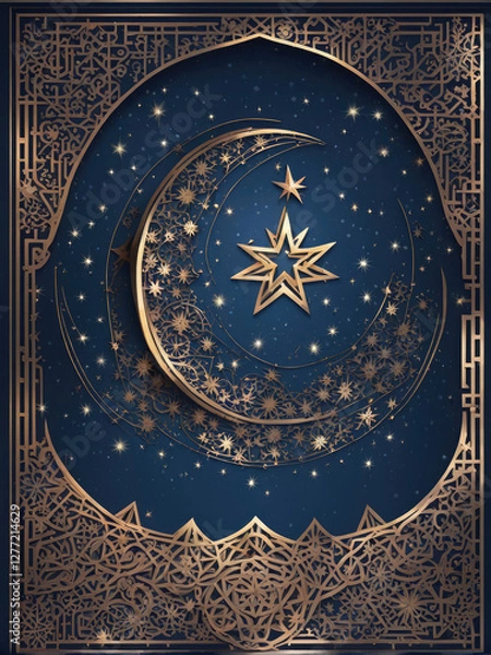 Fototapeta A golden crescent moon and star with intricate Islamic patterns on a deep blue background, symbolizing faith, spirituality, and Islamic culture, often associated with Ramadan and Eid celebrations.