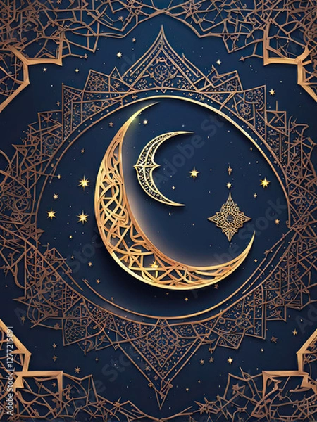 Fototapeta A golden crescent moon and star with intricate Islamic patterns on a deep blue background, symbolizing faith, spirituality, and Islamic culture, often associated with Ramadan and Eid celebrations.