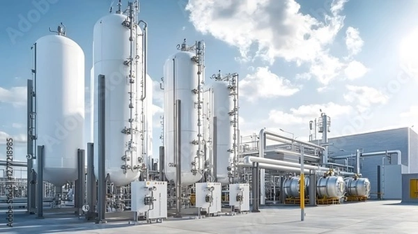 Obraz An aerial view showcasing the expansive industrial oxygen production facility featuring a network of large storage tanks intricate pipelines and other critical infrastructure