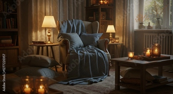 Fototapeta Cozy indoor home decor with a soft throw blanket, pillows, and ambient lighting