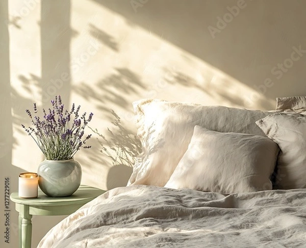 Obraz A bed with grey linen and beige pillows, a small green side table with lavender flowers in a vase and a candle next to it 