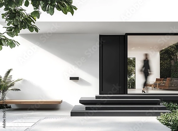 Obraz A black front door of a modern house with white walls, stairs, and a bench on the left side