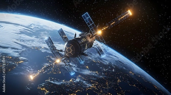 Obraz Futuristic communication satellite in orbit around the Earth with glowing data connections and networks illuminating the planet s atmosphere