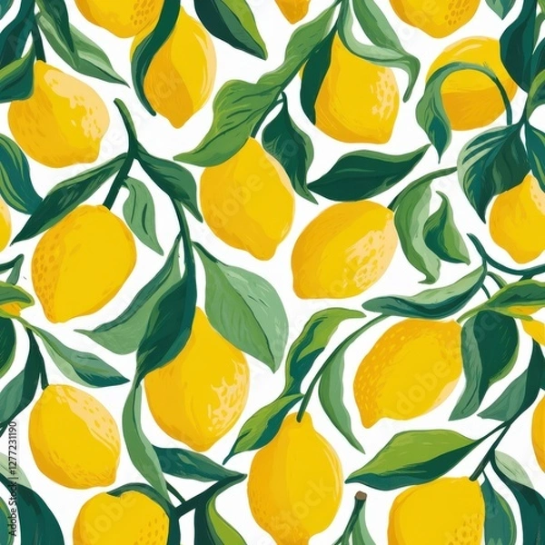 Fototapeta Bright and Cheerful Lemon Pattern with Green Leaves on White Background