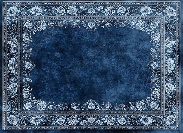 Obraz A blue Persian carpet design with an empty rectangular border in the center, featuring white and dark gray floral patterns