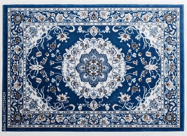 Obraz A blue Persian carpet with a floral ornament and decorative border on a white background, detailed illustration, high-resolution, professional photograph