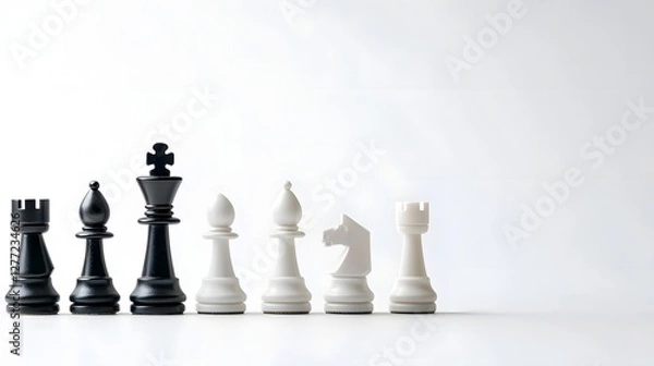 Fototapeta Minimalist chess piece arrangement on a plain background symbolizing business strategy planning and decision making in a corporate or finance setting