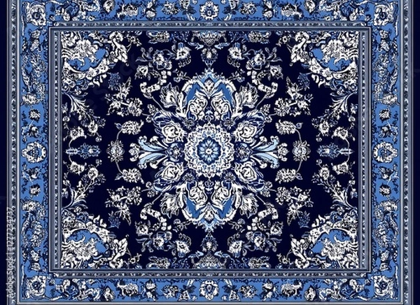 Obraz A blue Persian carpet with an intricate floral pattern, with the edge of the design showing the detailed and ornate patterns i 