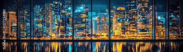 Obraz Modern Corporate Headquarters at Night with Futuristic Cityscape and Energetic Urban Vibe