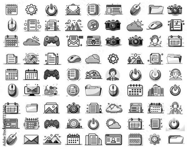 Fototapeta Grayscale icons depicting computer functions, symbols, objects. Includes calendar, gear, power, email, lists, browser, mouse, folder, cloud, gamepad, camera, music, buildings, and person.