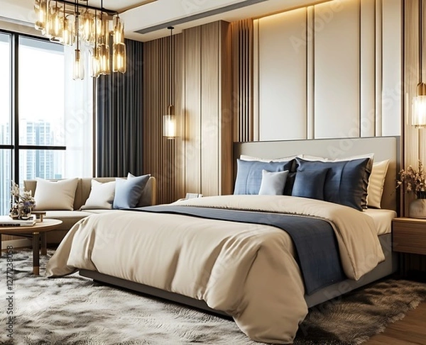 Obraz A bright, modern bedroom with light wood and blue accents, featuring an elegant bed with plush beige bedding, soft, fluffy carpe 