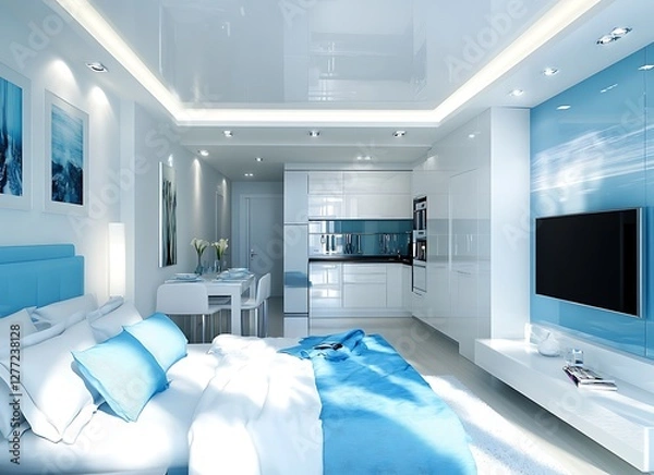 Obraz A bright, modern interior of a small studio apartment with a white and blue color scheme