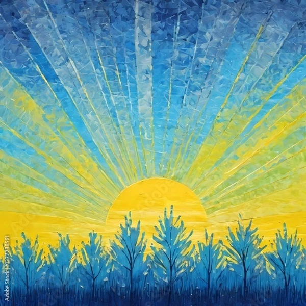 Fototapeta A stunning sun rises in a brilliant yellow, casting rays across a blue sky. Tall trees silhouette against the backdrop, creating a peaceful and uplifting atmosphere during dawn. Generative AI