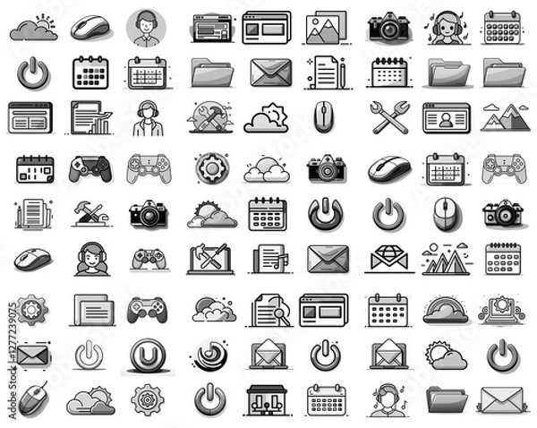 Fototapeta Collection of monochrome icons in a grid layout.  Various symbols for computer, internet, and user interface elements are depicted in black and white.