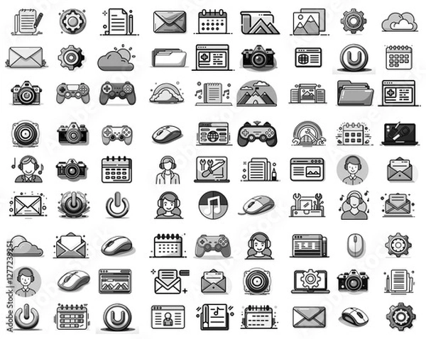 Fototapeta Collection of monochrome icons depicting diverse functions and categories such as settings, files, communication, media, gaming, computers, and user interfaces.