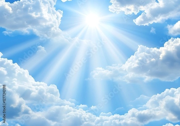 Obraz A cartoon sky with clouds, vector illustration, flat design, blue background, bright sun shining down on the ground, 