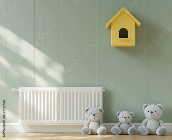 Obraz A children's room wall with an empty space mockup, pastel green walls, wooden floor, and white radiators on the wall