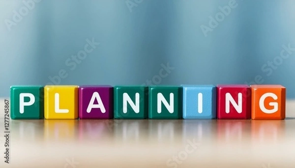 Obraz 計画を意味する英単語のplanningの文字が書かれた木製のカラフルなキューブブロック。AIで生成