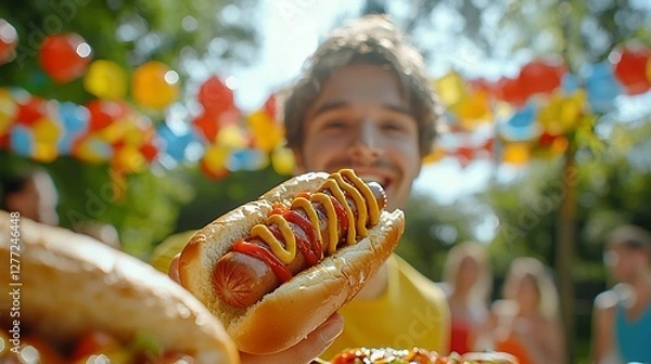 Obraz Happy man holding a hot dog at a summer party.