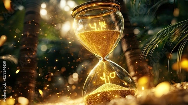 Fototapeta Sand timer counting down in tropical setting, suggesting deadlines, end of vacation, planning