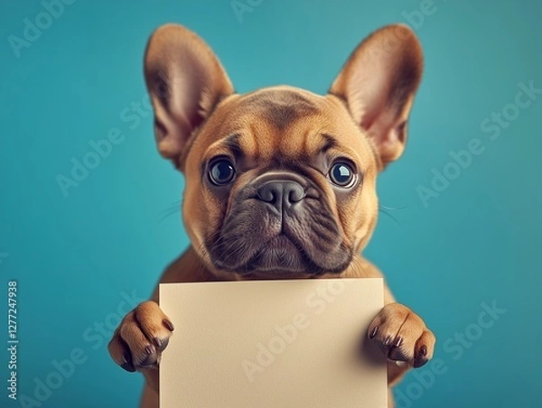 Fototapeta Cheerful, funny french bulldog holding up an empty sign, a white blank board with space for text, on a blue background.
