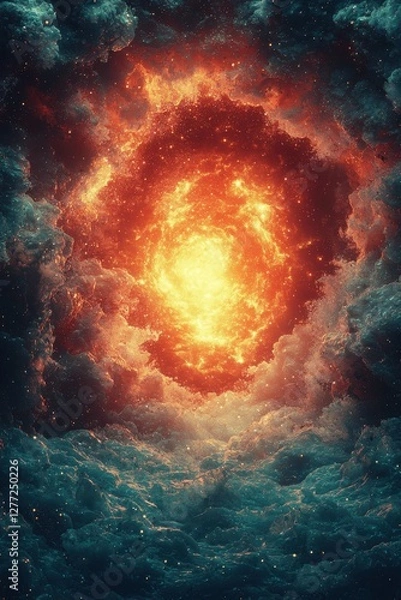 Fototapeta Visually stunning cosmic cloud formation illuminated by a glowing central mass in deep space