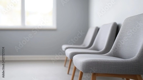 Obraz A minimalist interior featuring stylish gray chairs lined against a soft blue wall, with natural light streaming through a window.