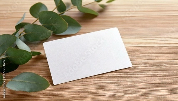 Fototapeta 白紙のテクスチャの紙を背景にした企業用ステーショナリーの名刺　ナチュラルなユーカリの葉っぱが飾られている木製の机の上　モックアップ