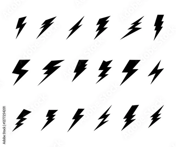 Obraz Piorun, błyskawica, wyładowanie elektryczne, grzmot. Zestaw elementów wektorowych w prostym stylu.