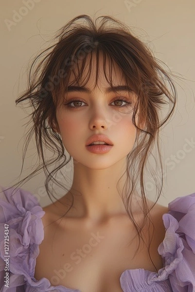 Obraz Portrait of a young woman with soft features and a light purple dress against a neutral background displaying natural beauty