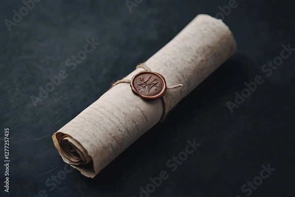 Fototapeta Vintage scroll sealed with wax on dark background showcasing elegant craftsmanship and historical artistry