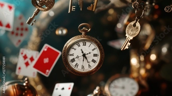 Fototapeta Vintage Pocket Watch with Playing Cards and Old Keys Falling