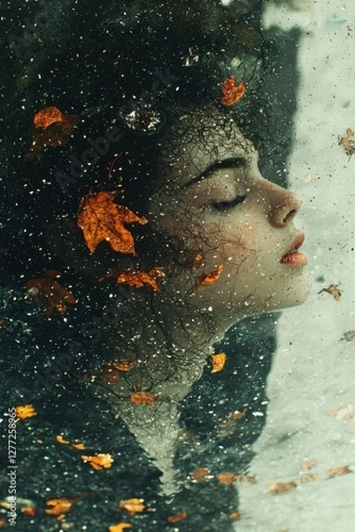 Obraz Woman immersed in reflective water adorned with autumn leaves, creating a serene atmosphere at twilight