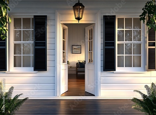 Obraz A front door of an Australian house with white walls and black shutters on the sides, wooden floor in a dark brown color, open entrance to the living room