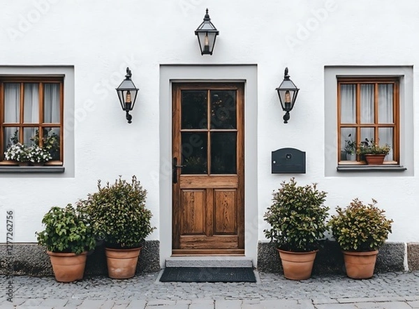 Obraz A front door with a gray exterior, a white wall house with wooden windows and potted plants, the photo taken from the street