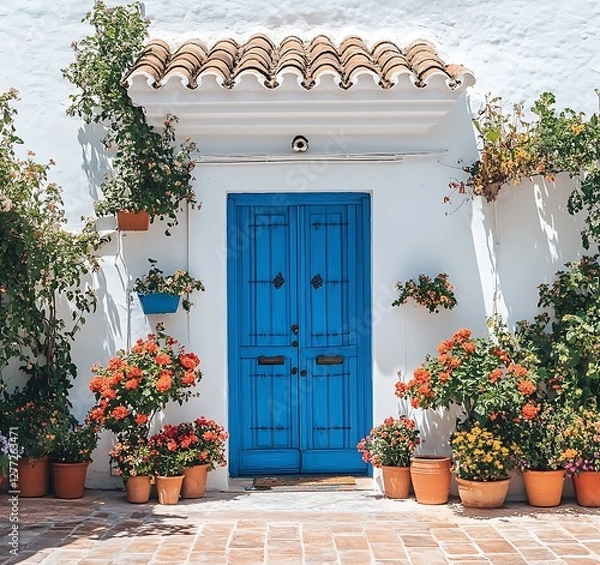Obraz A front view of a house with a blue wooden front door and potted flowers on the sides, against a backdrop of white walls