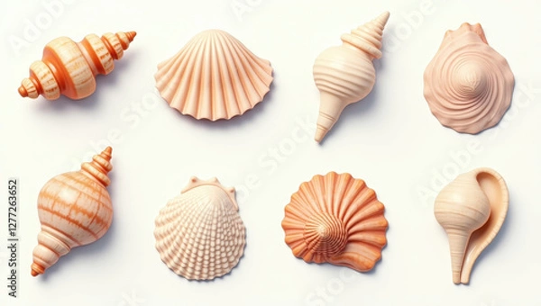 Fototapeta Collection of Various Seashells Pink and Orange Tones Isolated on White Background