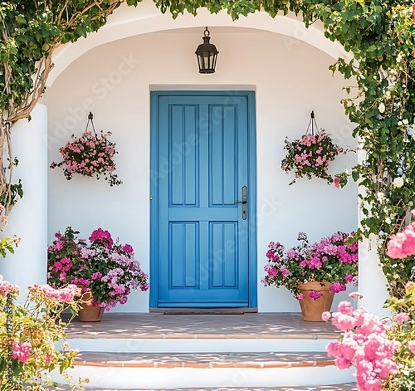 Obraz A front view of a house with a blue wooden front door and potted flowers on the sides, against a backdrop of white walls