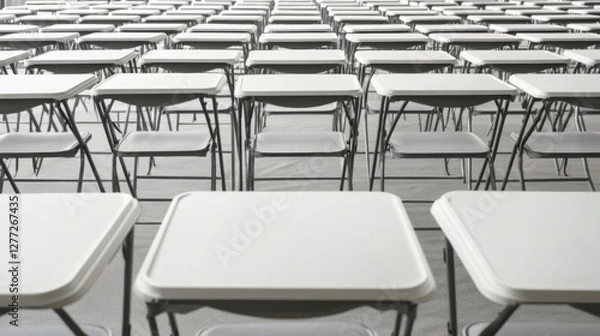Fototapeta Rows of Empty Folding Tables Ready for Event or Gathering Setup