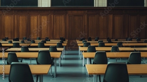 Fototapeta Empty Classroom with Wooden Walls and Desks in a School Setting