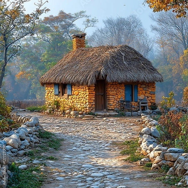 Obraz rustic thatched roof village house high resolution hd picture