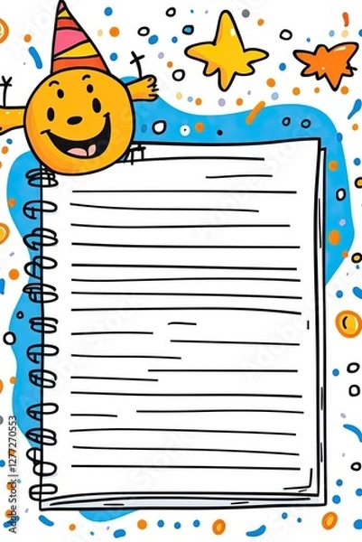 Fototapeta A cheerful yellow sun with a party hat holds a blank notepad with blue and orange confetti around it.