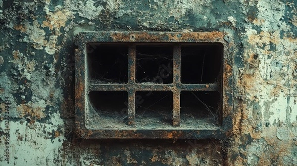 Fototapeta Weathered Vent Cover on Old Grungy Wall with Rustic Texture