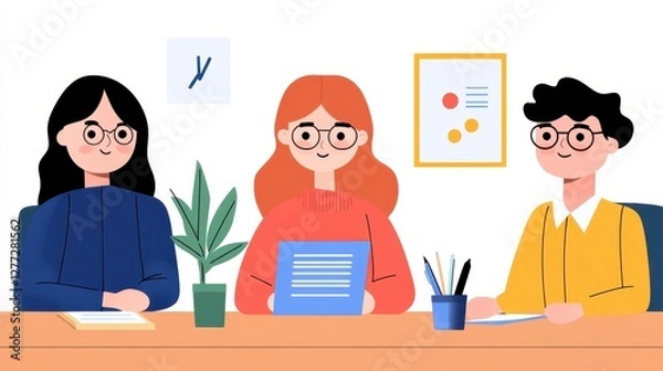 Fototapeta Colleagues Reviewing Documents at a Minimalist Office Desk