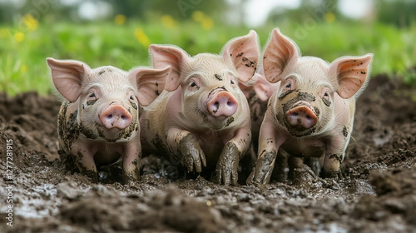 Fototapeta A playful group of piglets rolling in the mud, their pink snouts covered in dirt