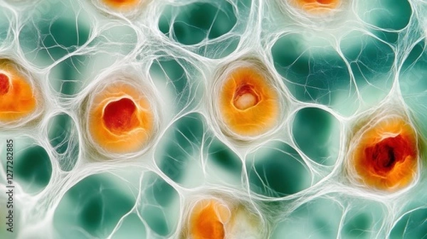 Fototapeta A close-up of aging cells under a microscope in a laboratory. Featuring cellular aging and loss of function