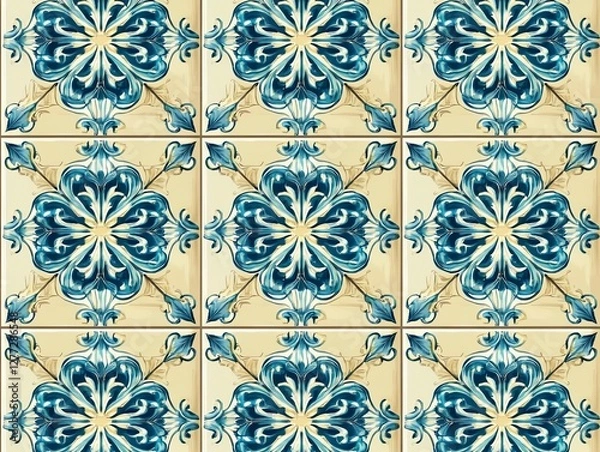 Fototapeta vintage seamless symmetrical tile floral pattern with blue and beige tones 