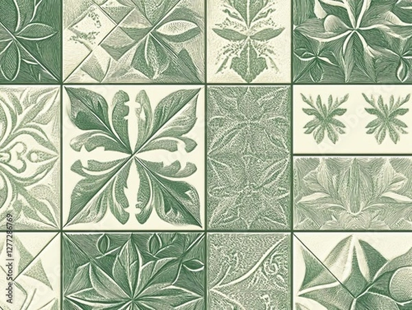 Obraz etched green and cream vintage tile pattern with detailed hand-carved botanical and geometric motifs
